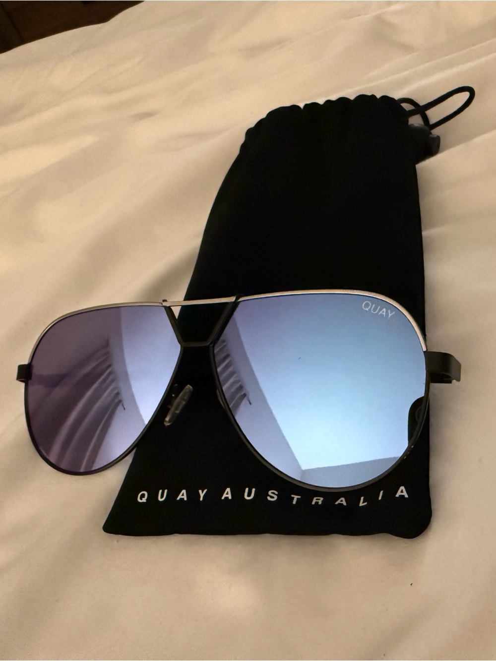 Quay Australia Blue Mirrored Aviator Sunglasses with Silver Frame